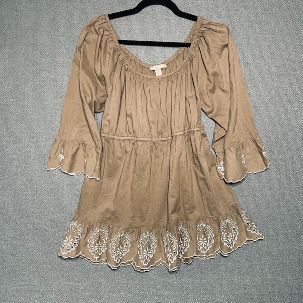 Jeanstar Brown Tunic Top Embroidered Women's Size L Boho Peasant Scalloped